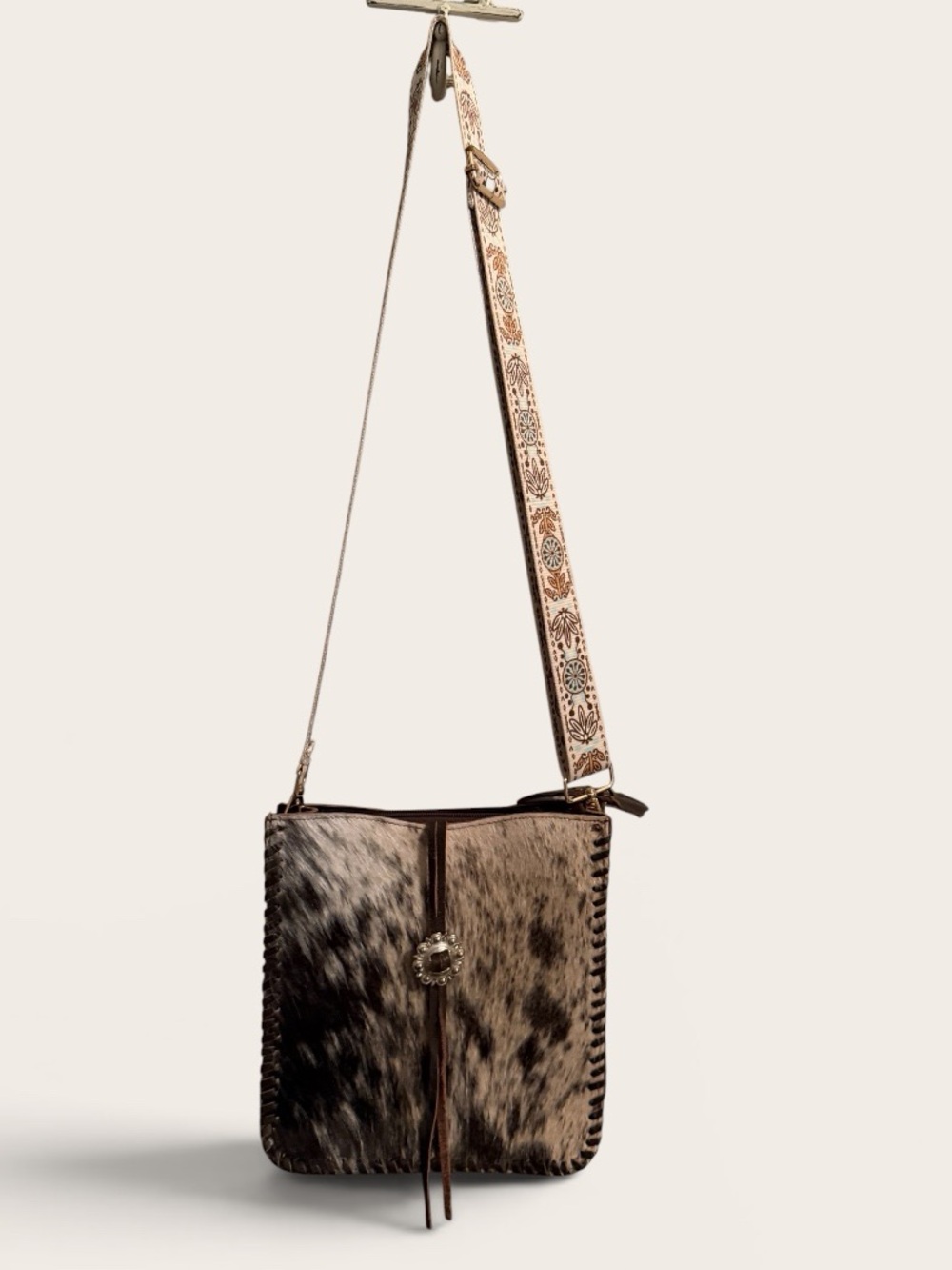 Western Genuine Hair On Cowhide Leather Crossbody Bag Tooled Strap Boho - Picture 5 of 8